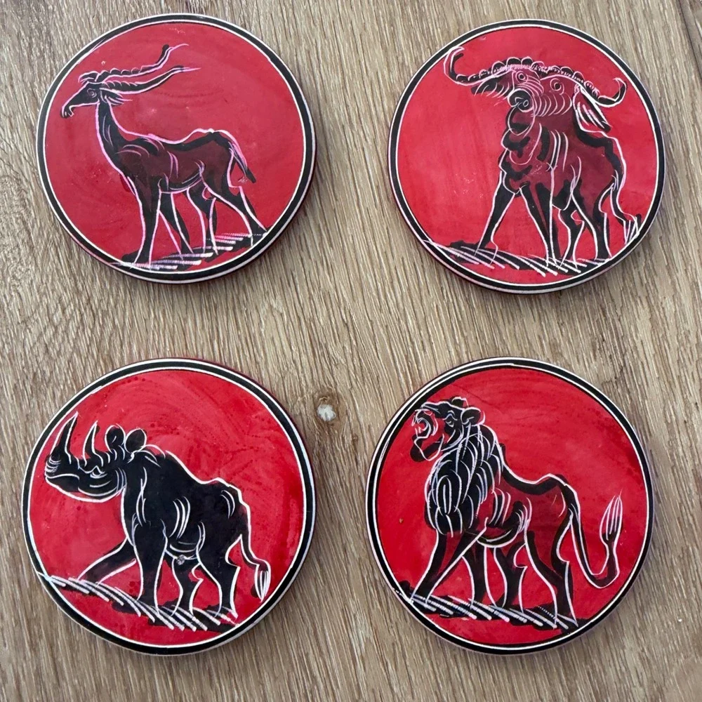 African Soapstone Coaster Set of 6 with Holder Red Black Etched Safari Animals